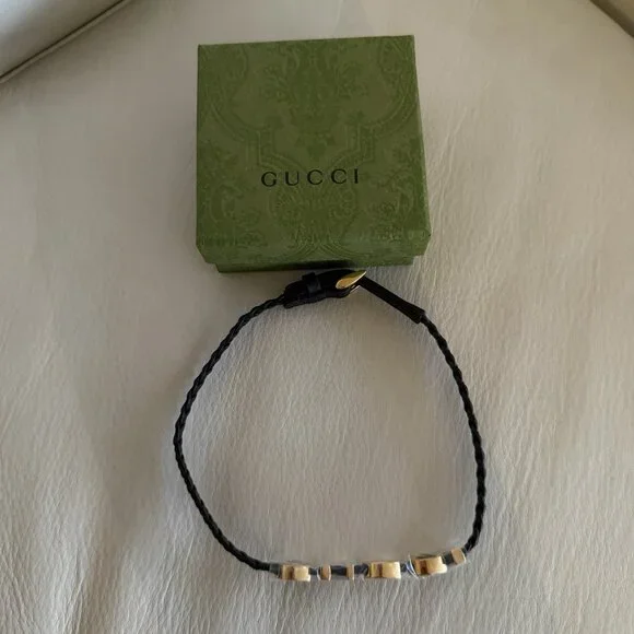 NEW GUCCI LEATHER Choker Logo Gold 100% Authentic Necklace